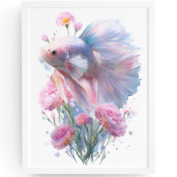 Watercolor Betta Fish with Flowers Wall Art Print Unframed - Enchanting Aquatic - Picture 1 of 6
